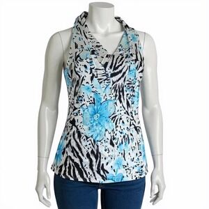 Teenbell Floral Zebra Print Halter Top  Sleeveless Blouse White Blue Small